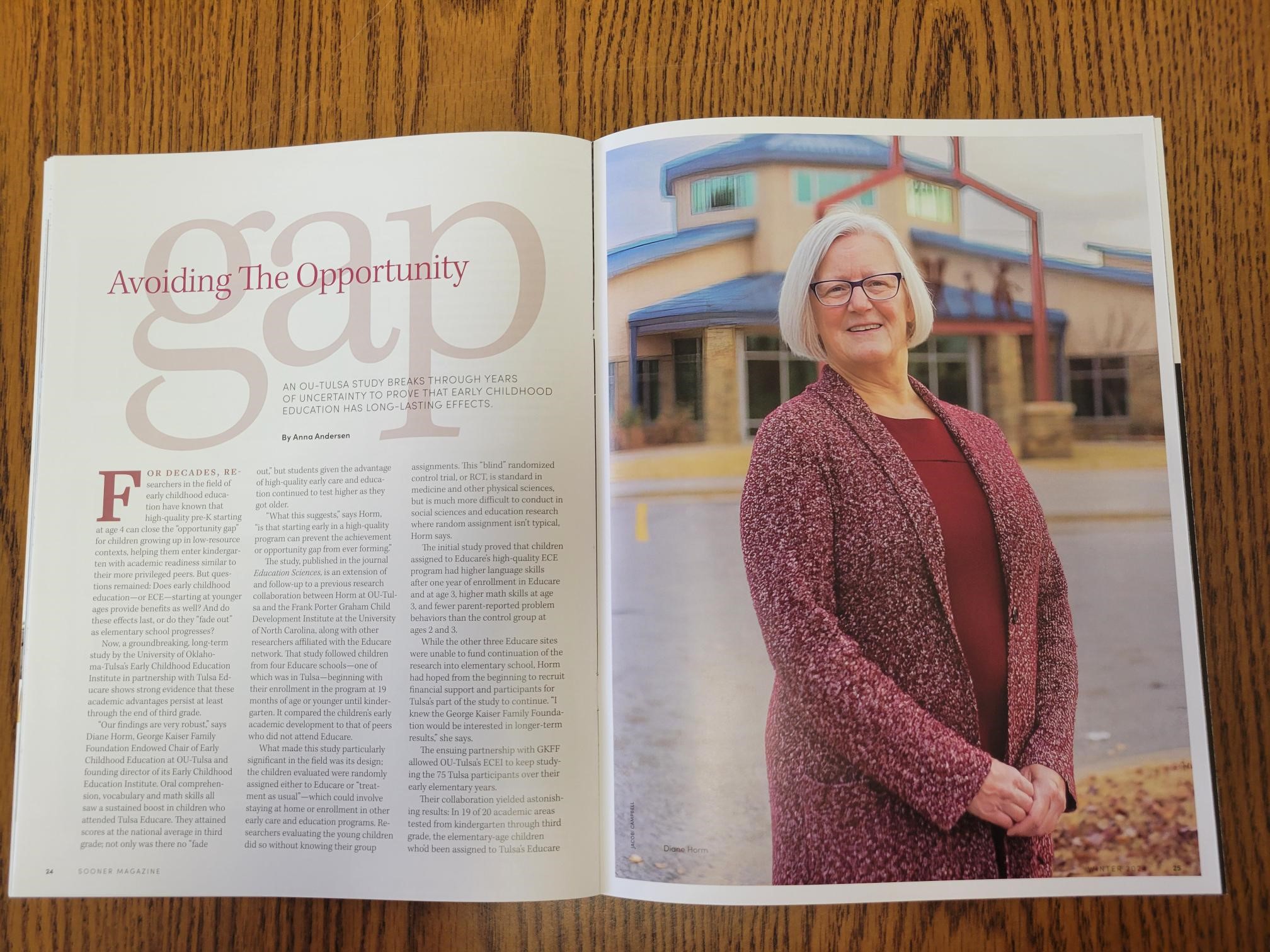 Sooner Magazine spread showing Avoiding the Opportunity Gap article and photo of Diane Horm