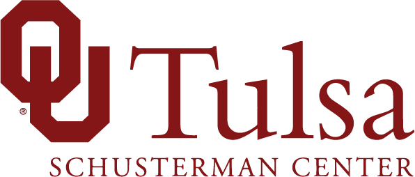A crimson OU-Tulsa Schusterman Center logo
