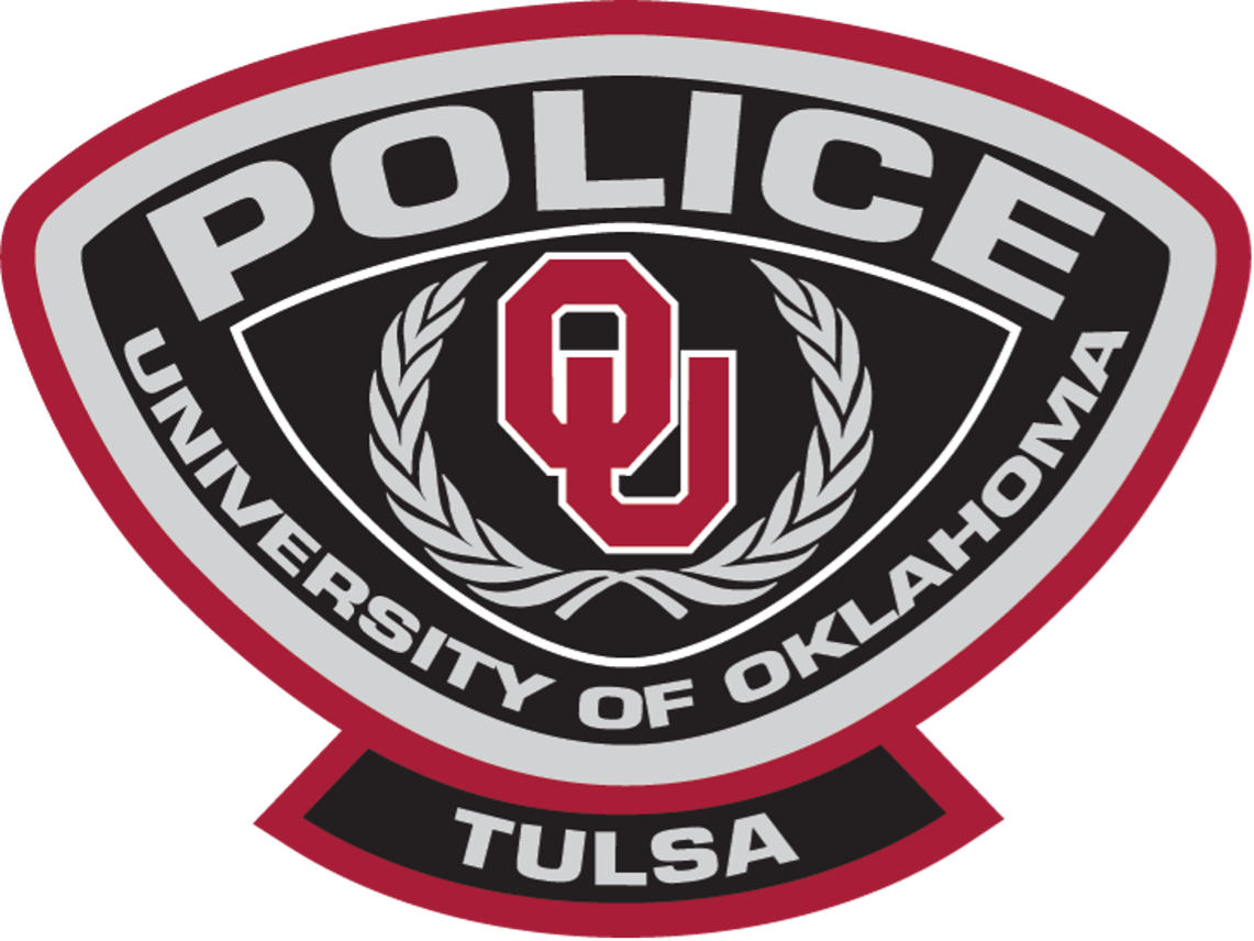 O U Police, University of Oklahoma Tulsa logo in black, grey, and crimson.