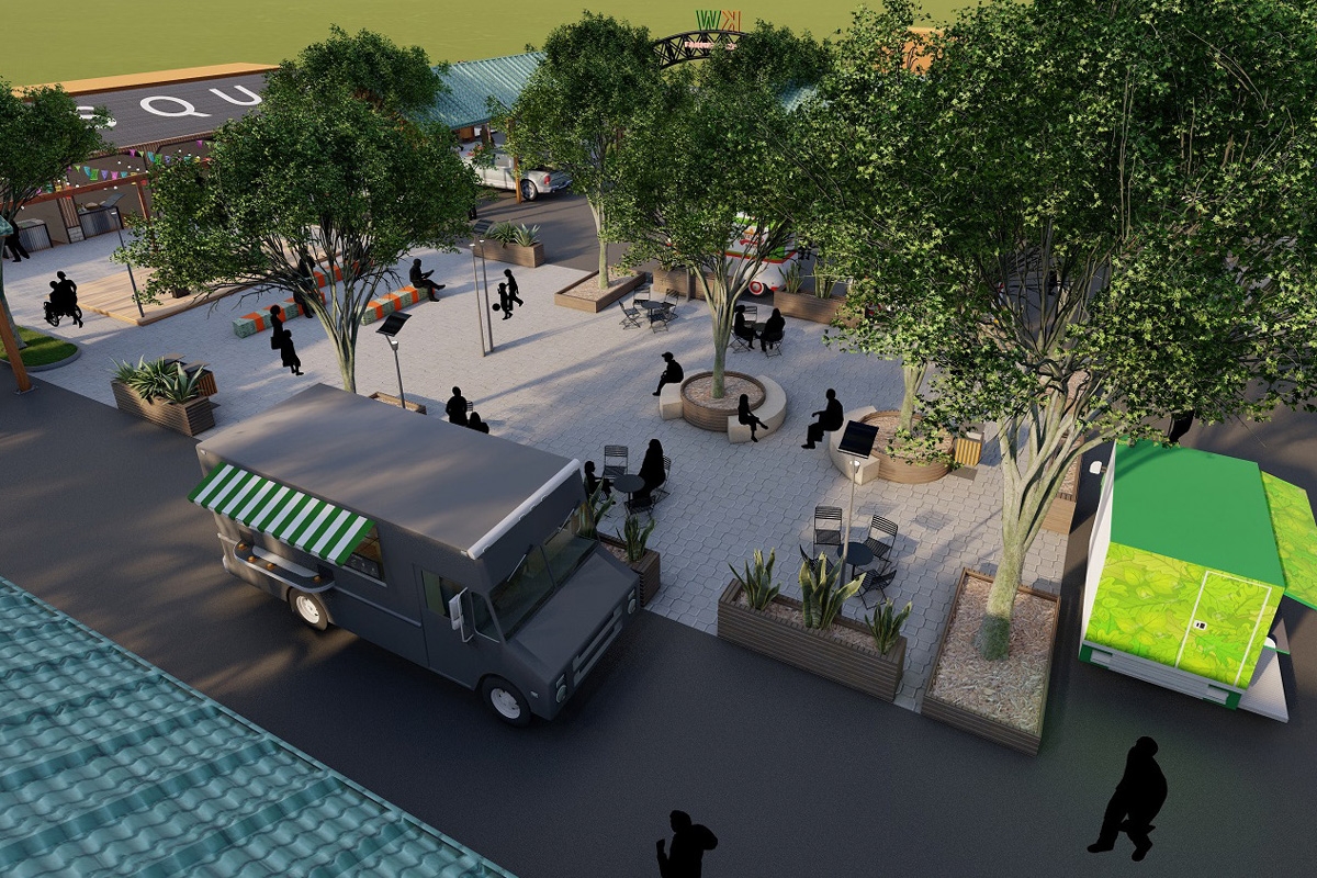 A digital rendering of a food truck plaza