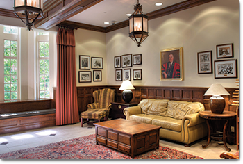 david l. boren lounge room; couch and chair surrounded by small tables