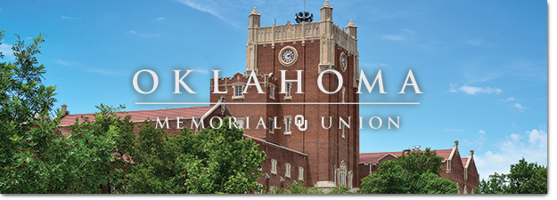 Oklahoma Memorial Union exterior building image with Oklahoma memorial union text over it