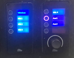 Volume control panel showing various inputs and lights
