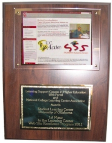 Learning Center Website Excellence Award Plaque, 2011, given to UC's Student Learning Center