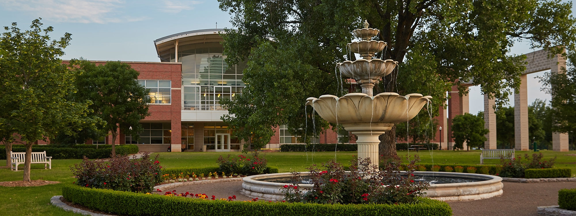 The courtyard of Stephenson Research and Technology Center, with a water fountain in the foreground.