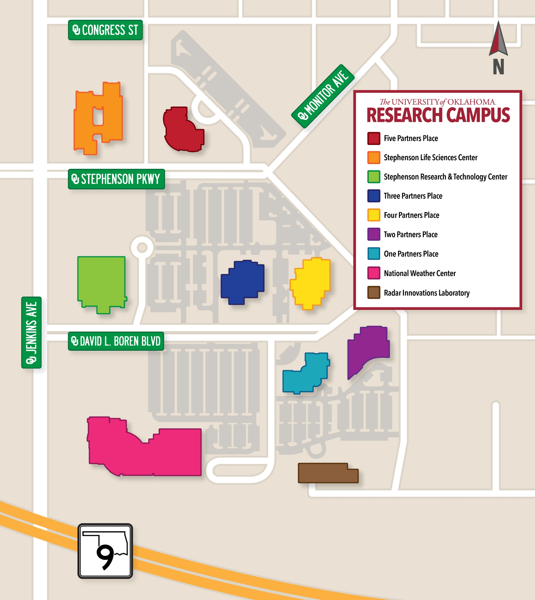 Research Campus Building Map |  One Partners Place, Two Partners Place, Three Partners Place, Four Partners Place, Five Partners Place, Radar Innovations Laboratory, Stephenson Life Sciences Center, Stephenson Research and Technology Center, National Weather Center  