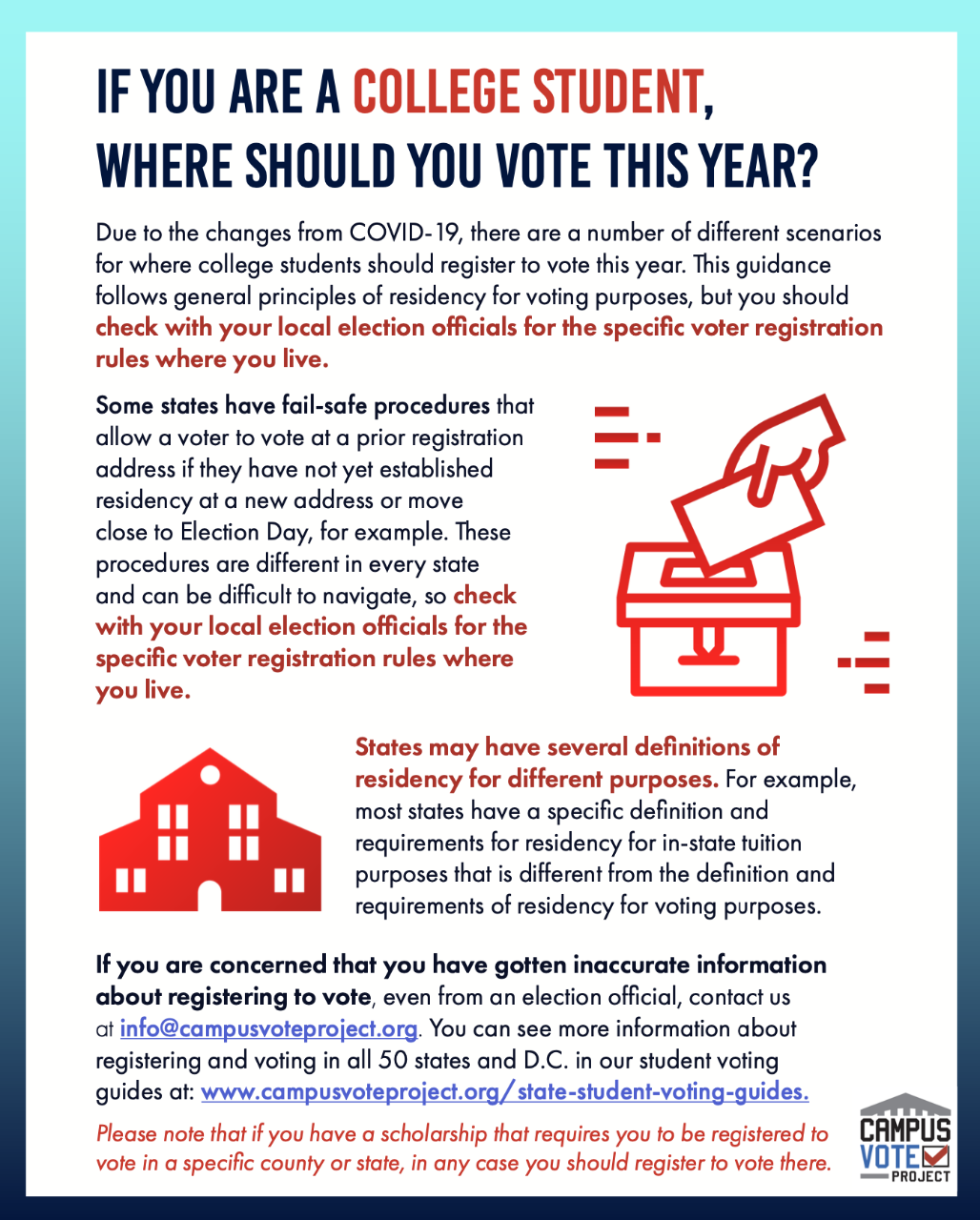 If you are a college student, where should you vote this year? due to the changes from covid-19, there are a number of different scenarios for where college students should register to vote this year. this guidance follows general principles of residency for voting purposes, but you should check with your local election officials for the specific voter registration rules where you live. some states have fail-safe procedures that allow a voter to vote at a prior registration address if they have not yet established residency at a new address or move close to election day, for example. these procedures are different in every state and can be difficult to navigate, so check with your local election officials for the specific voter registration rules where you live. states may have several definitions of residency for different purposes. for example, most states have a specific definition and requirements for residency for in-state tuition purposes that is different from the definition and requirements of residency for voting purposes. if you are concerned that you have gotten inaccurate information about registering to vote, even from an election official, contact info@campusvoteproject.org. You can see more information about registering and voting in all 50 states and d.c. in the student voting guides at www.campusvoteproject.org/state-student-voting-guides. please note that if you have a scholarship that requires you to be registered to vote in a specific county or state, in any case you should register to vote there. 