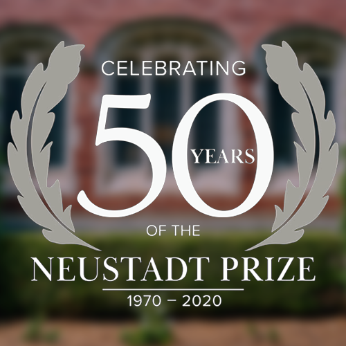 Celebrating 50 years of the Neustadt Prize 1970-2020 logo bracketed by two quill-like stylized feathers