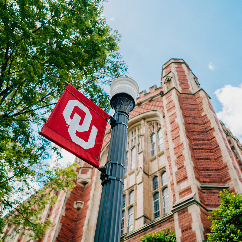 University of Oklahoma campus, OU flag in foreground