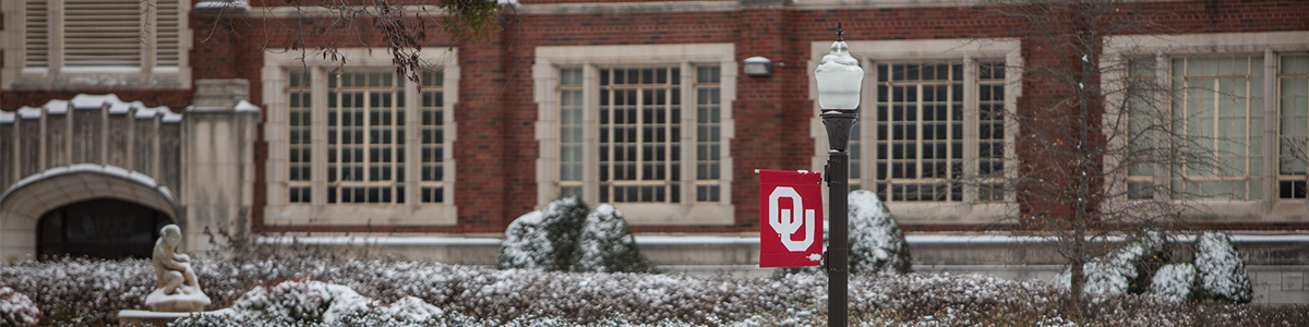 A lamp post with an OU banner hanging from it, with snow on the ground.
