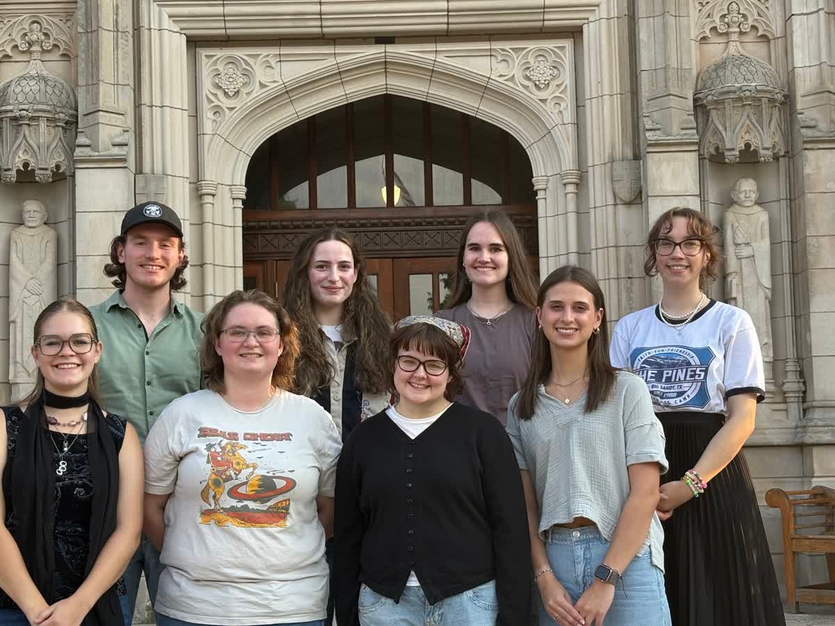 The 2025-2026 World Literature Today Student Advisory Board officers: Top row, left to right: Colton Boydston, Sofia Yrigoyen, Charlie Hughes, Lauren Mackowski. Bottom row: Emma Abbott, Amber Durst, Terryn Ward, Alexia Elliott