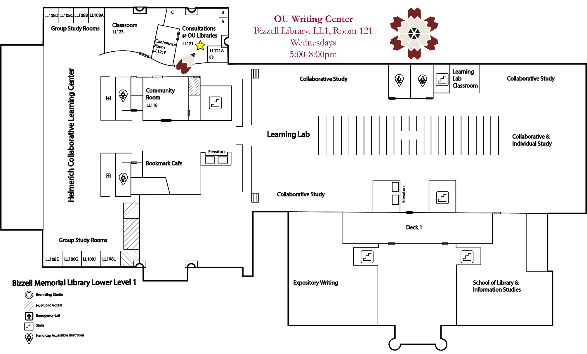 map of Writing Center satellite location in Bizzell Library