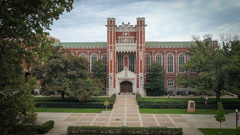 Exterior view of Bizzell Library from the South Oval side.