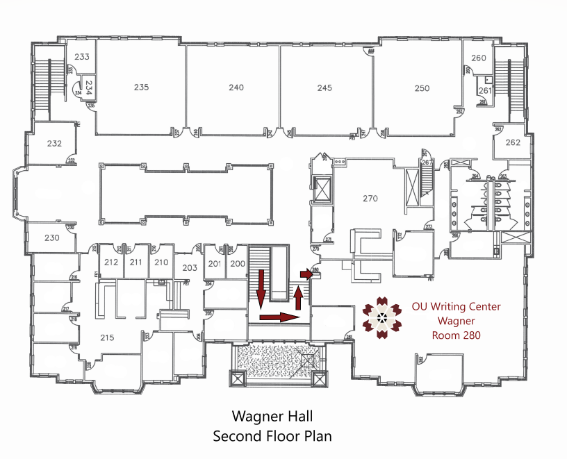 Architectural floor plan of Wagner Hall, second floor. Red arrows show stairs up to second floor. Writing Center is first room on the right off the top of the stairs. Or, Writing Center is second door on the left if coming off elevator. Writing Center is marked on the map with a crimson and cream flower pencil.