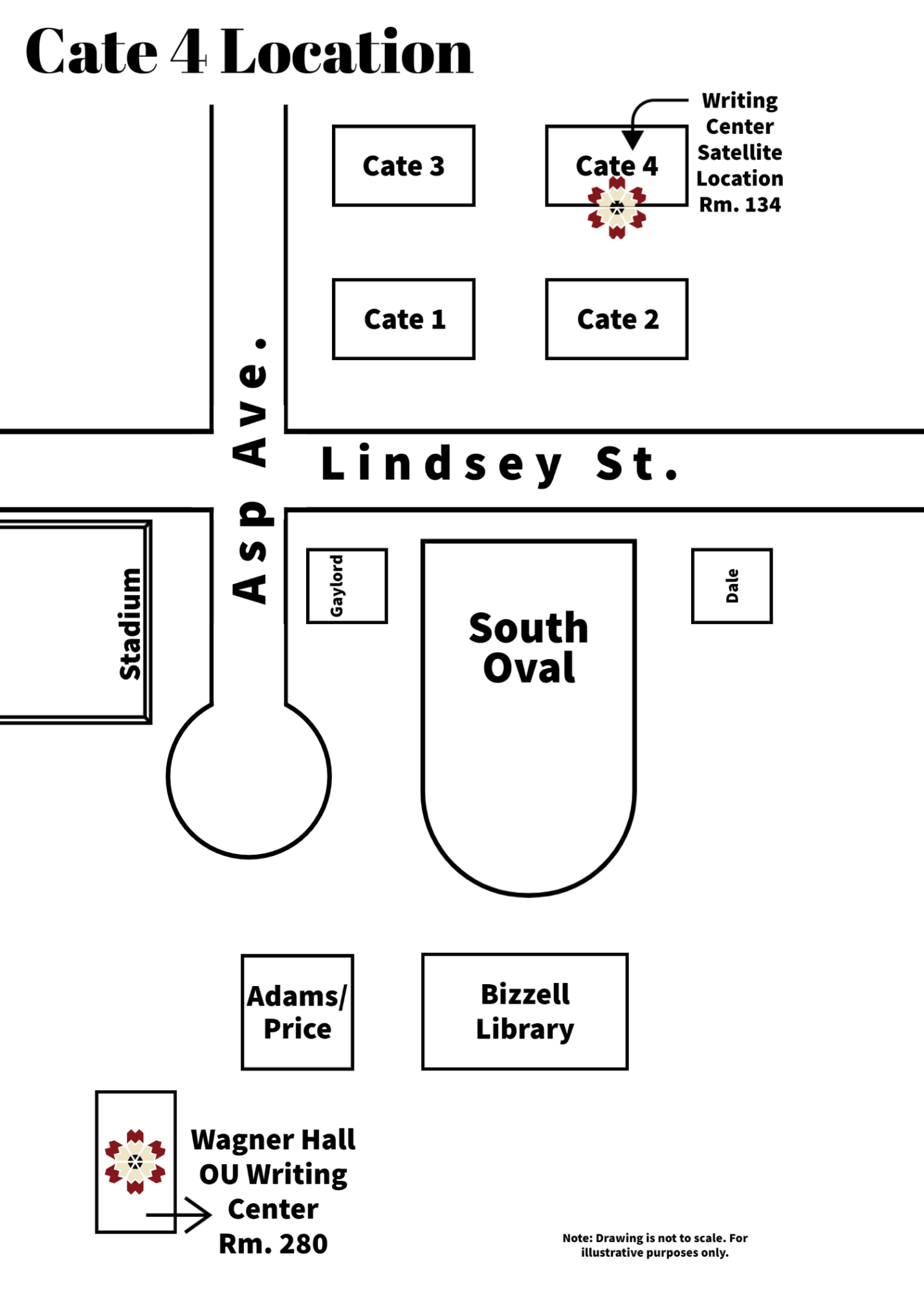 Map showing Wagner Hall location on Asp Ave. with walking path to Cate Center 4 on Lindsey Street. Walking path is via the South Oval.