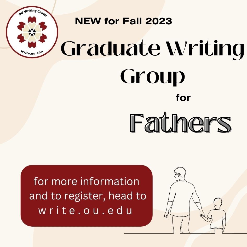 light background with outline of male figure holding child's hand with text saying for more information and to register head to write.ou.edu